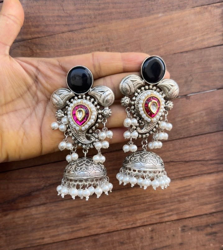 Silver look alike real kundan jhumkas