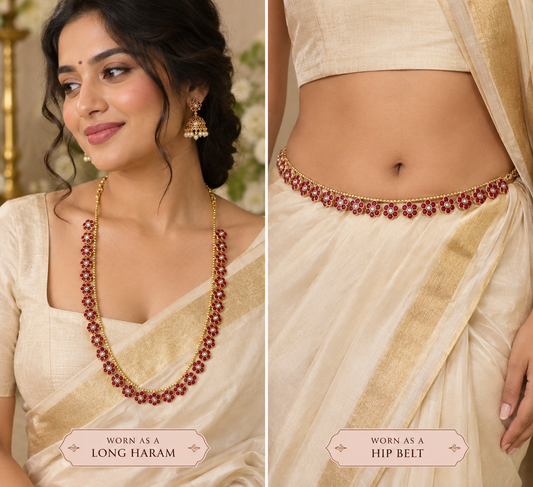 2 in 1 flexible full of flower ruby real kundan haram / hipbelt
