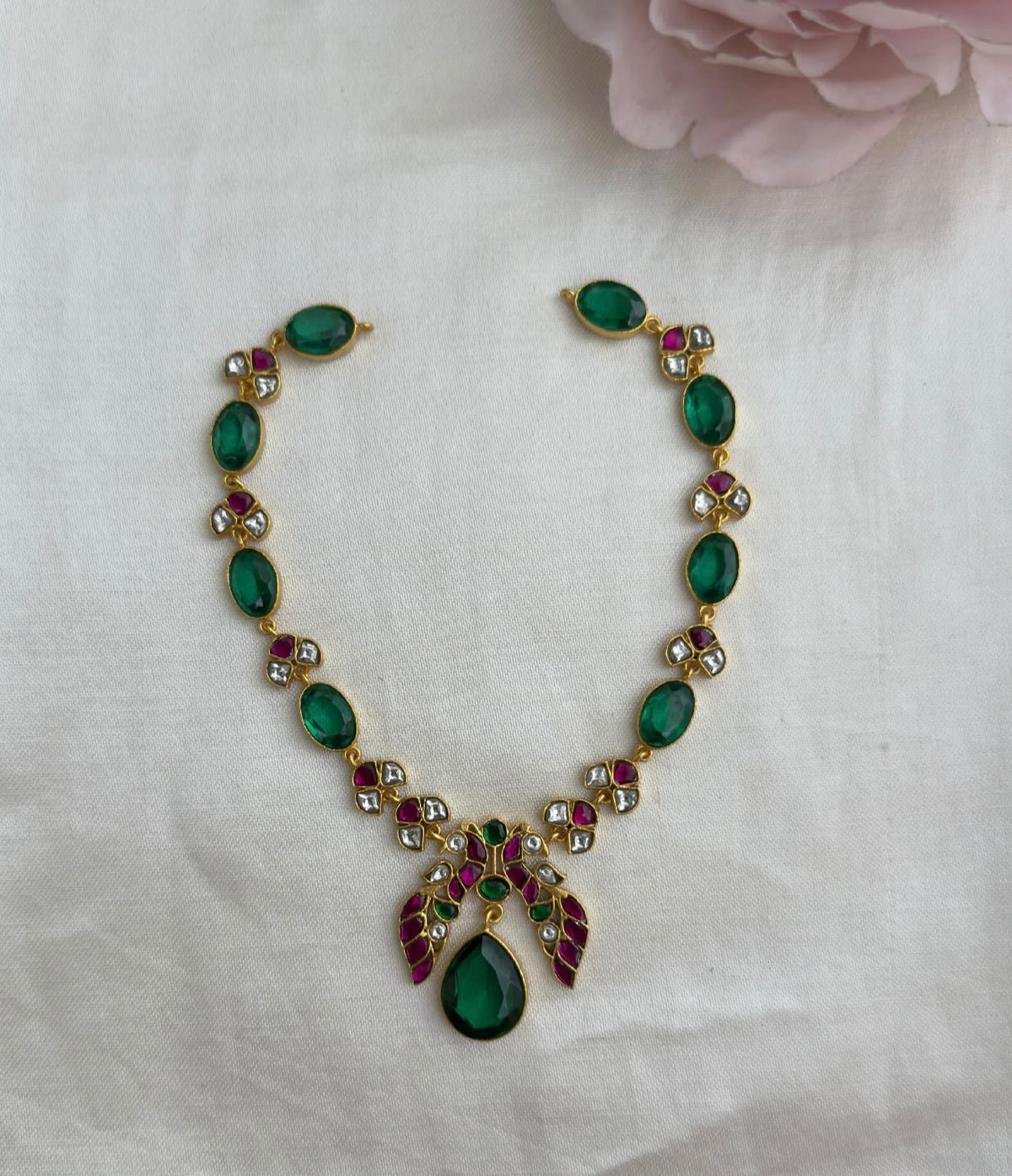 Stylish dual peacock emerald drop real kundan necklace w/o earrings