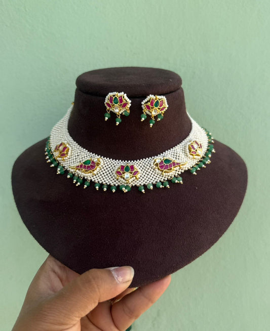Designer handmade real Kundan lotus parrot necklace with earrings