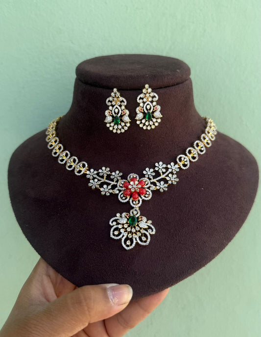 Diamond look alike coral green dual parrot necklace with earrings