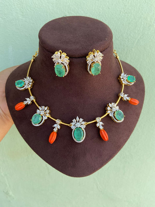 Kante style coral green diamond necklace with studs