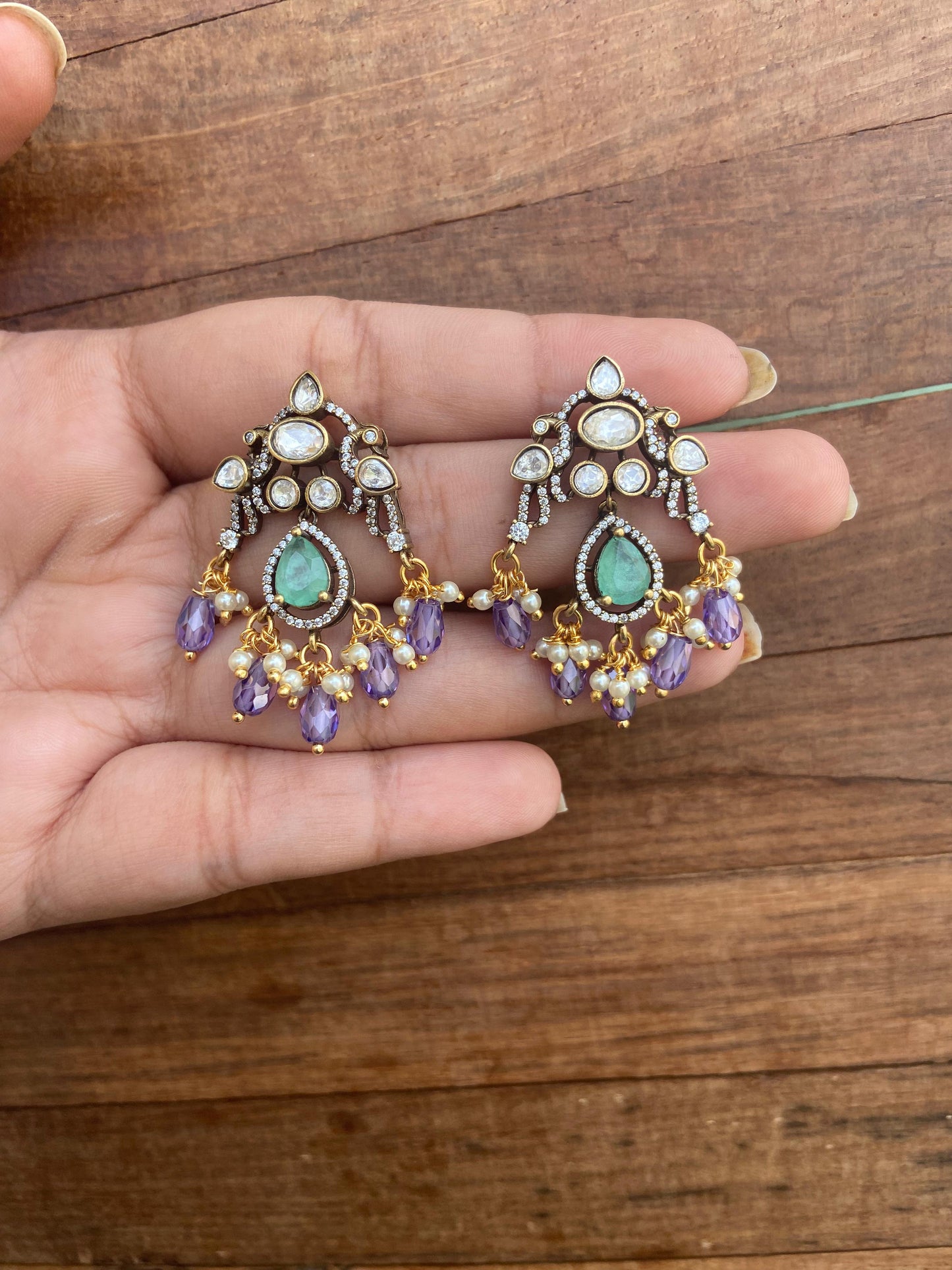 Purple green dual peacock victorian earrings