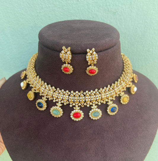 Multi coloured oval drop gold necklace with earrings