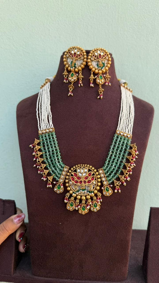 Antique Lotus real Kundan pearl green beads necklace