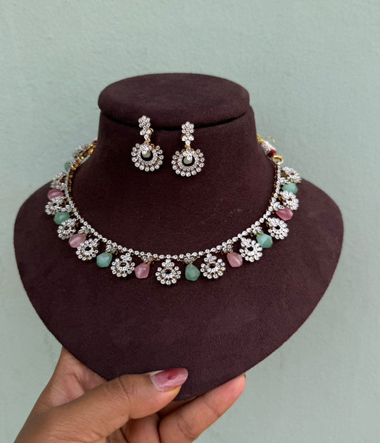 Diamind finish pastel pink n green necklace
