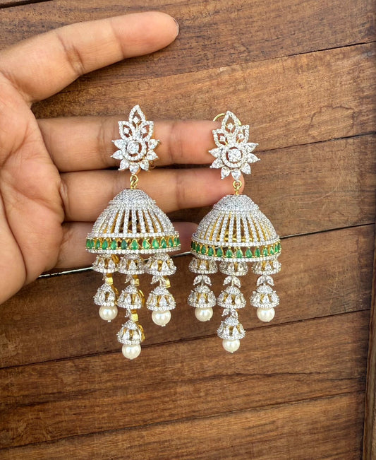 Stylish three layered diamond finish jhumkas