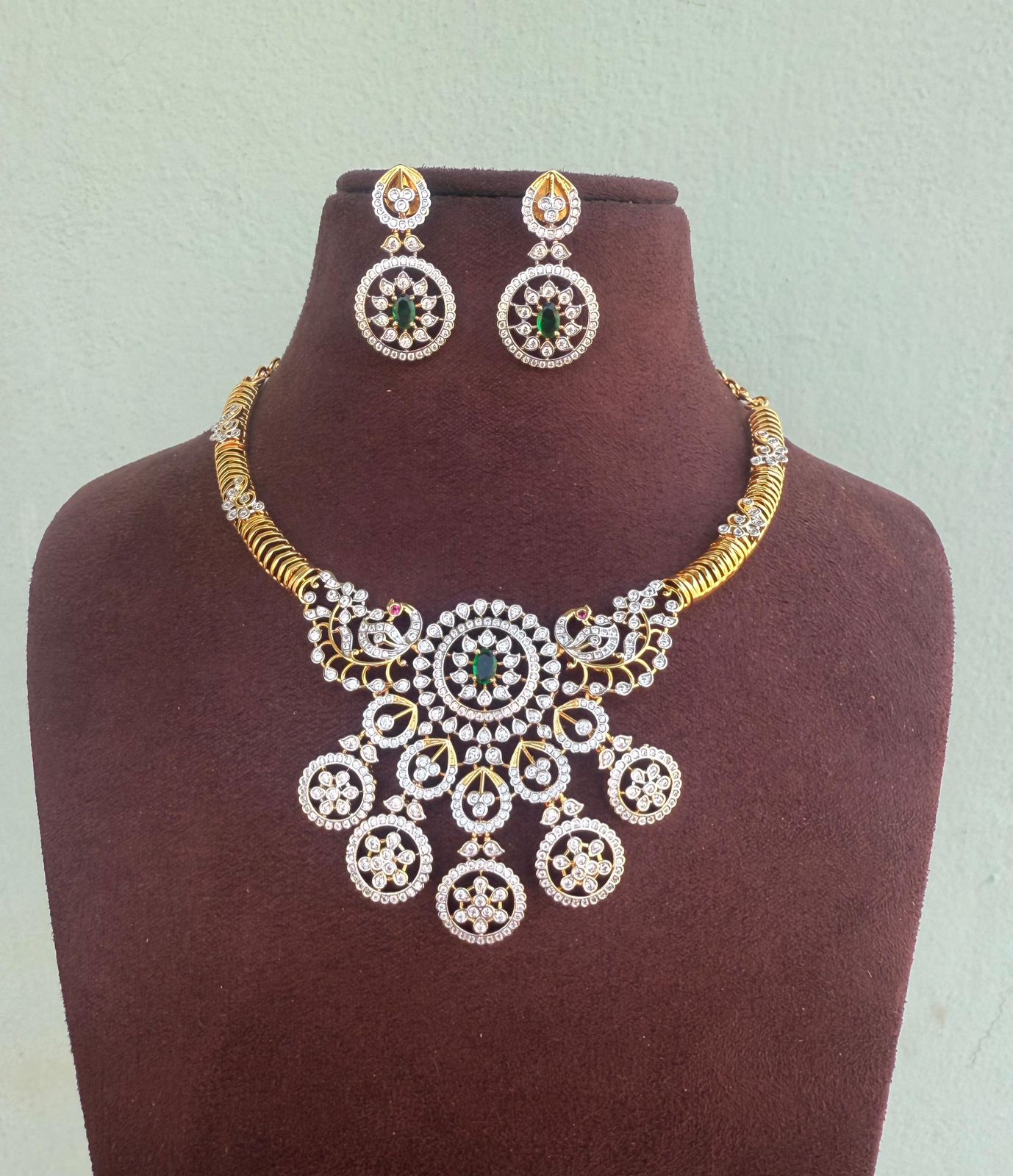 Diamond look alike designer peacock Kante necklace