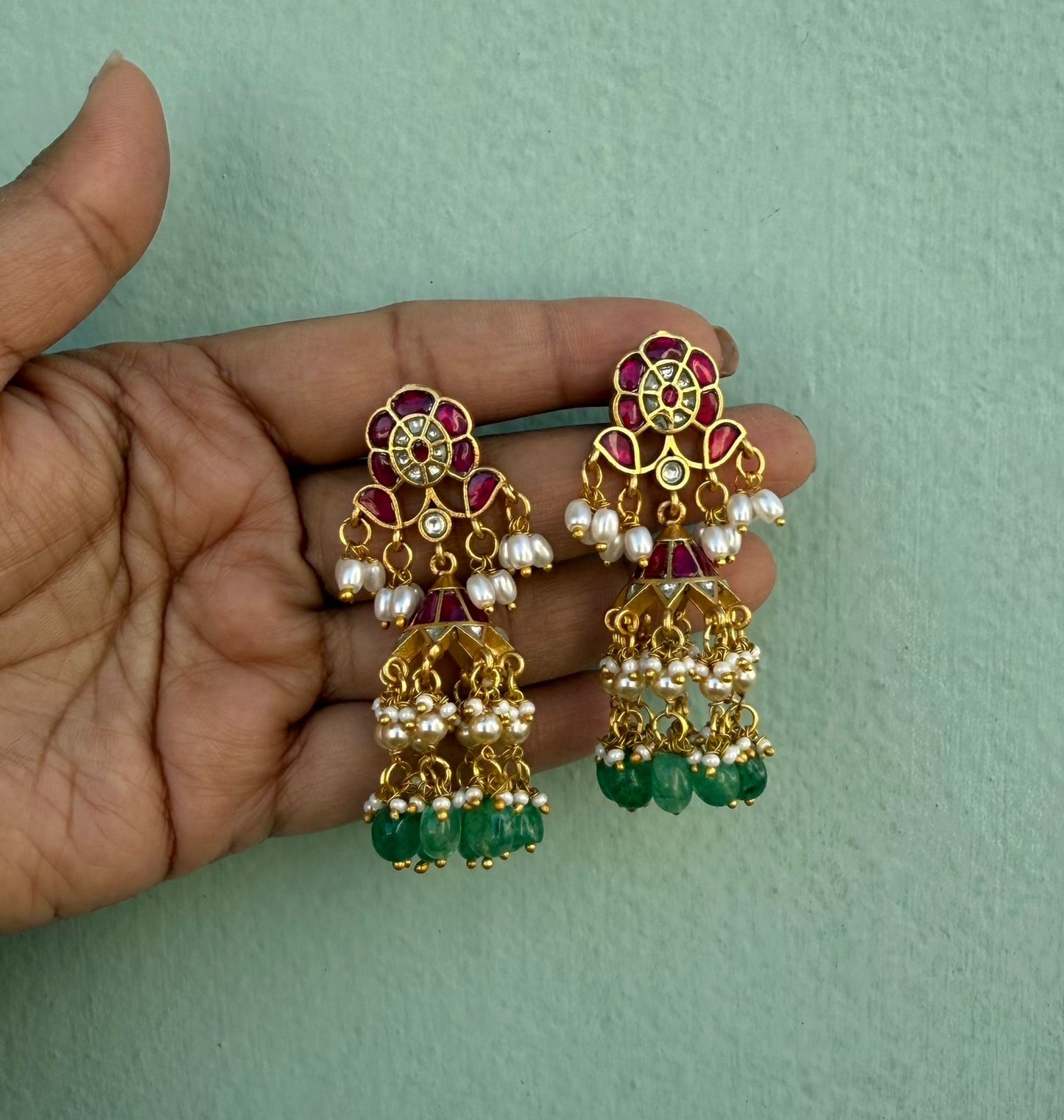 Flower real Kundan cone shaped two layered pearl jhumkas