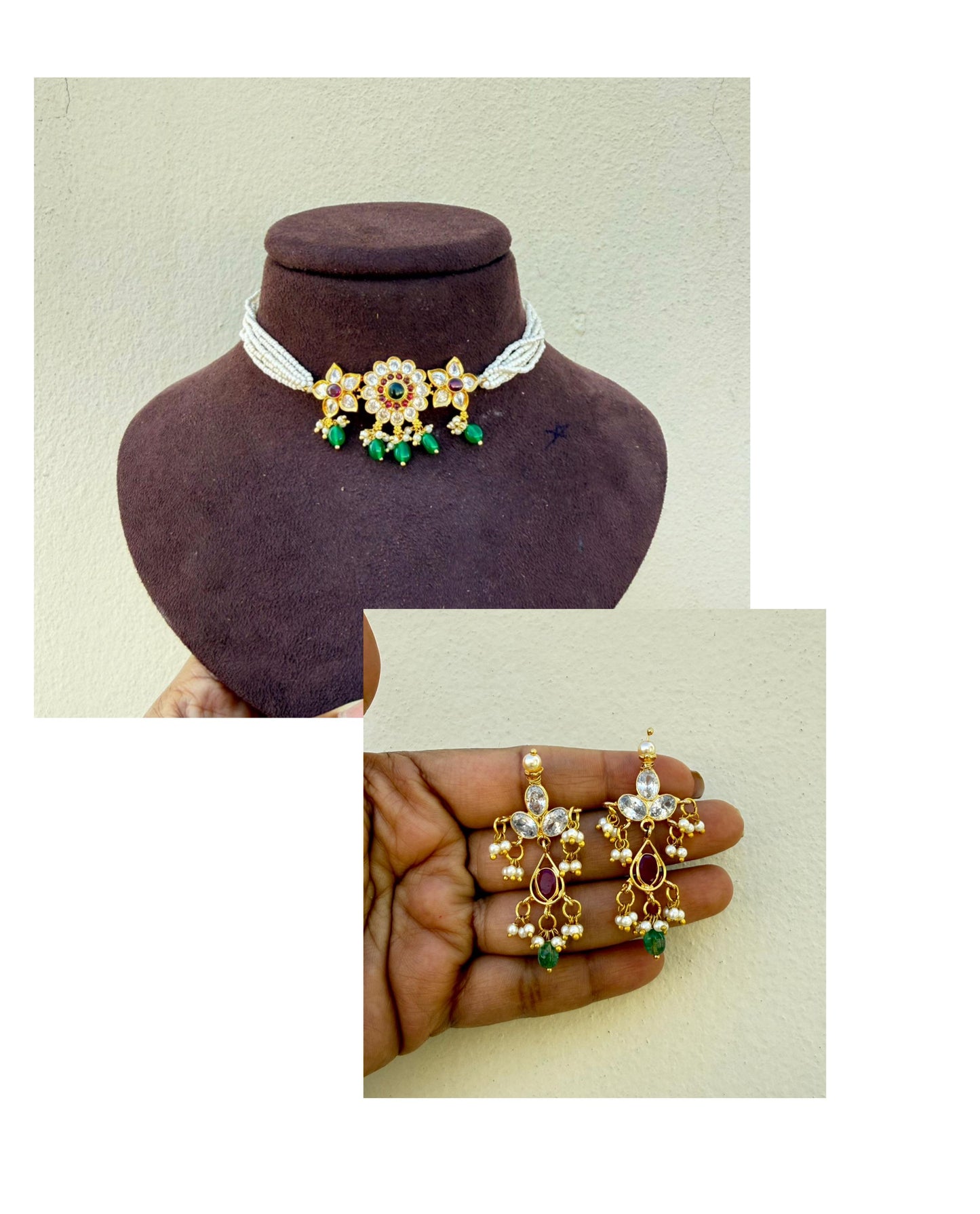 Uncut diamond flower pearl choker