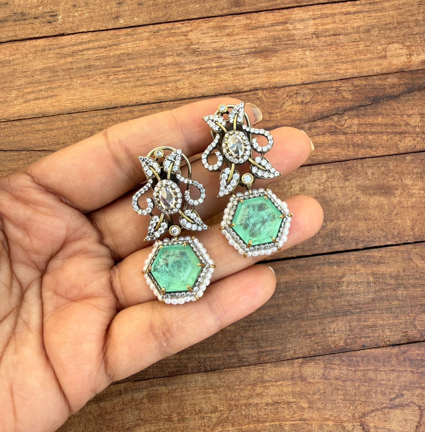 Royal emerald pearl statement moissanite earrings