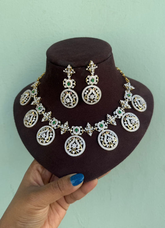 Diamond look alike dual peacock bottu malla Necklace
