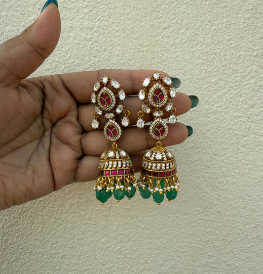 Three layered moissanite two pearl drop jhumkas