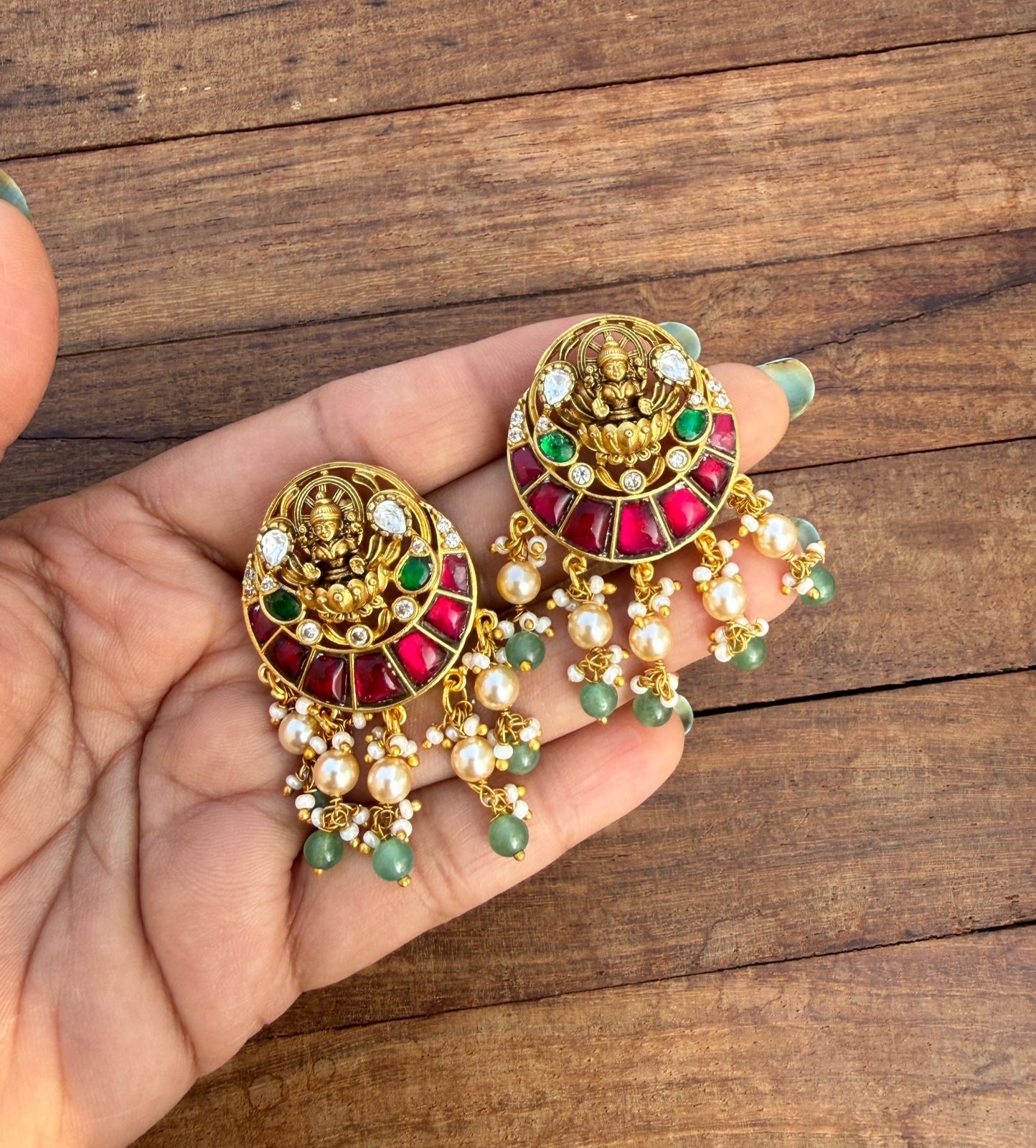 Lakshmi Devi real Kundan moissanite pearl hanging studs