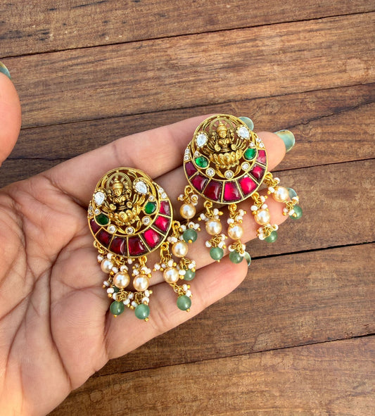 Lakshmi Devi real Kundan moissanite pearl hanging studs