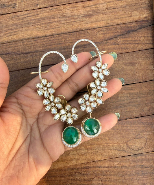 Flower moissanite green drop stylish earcuffs