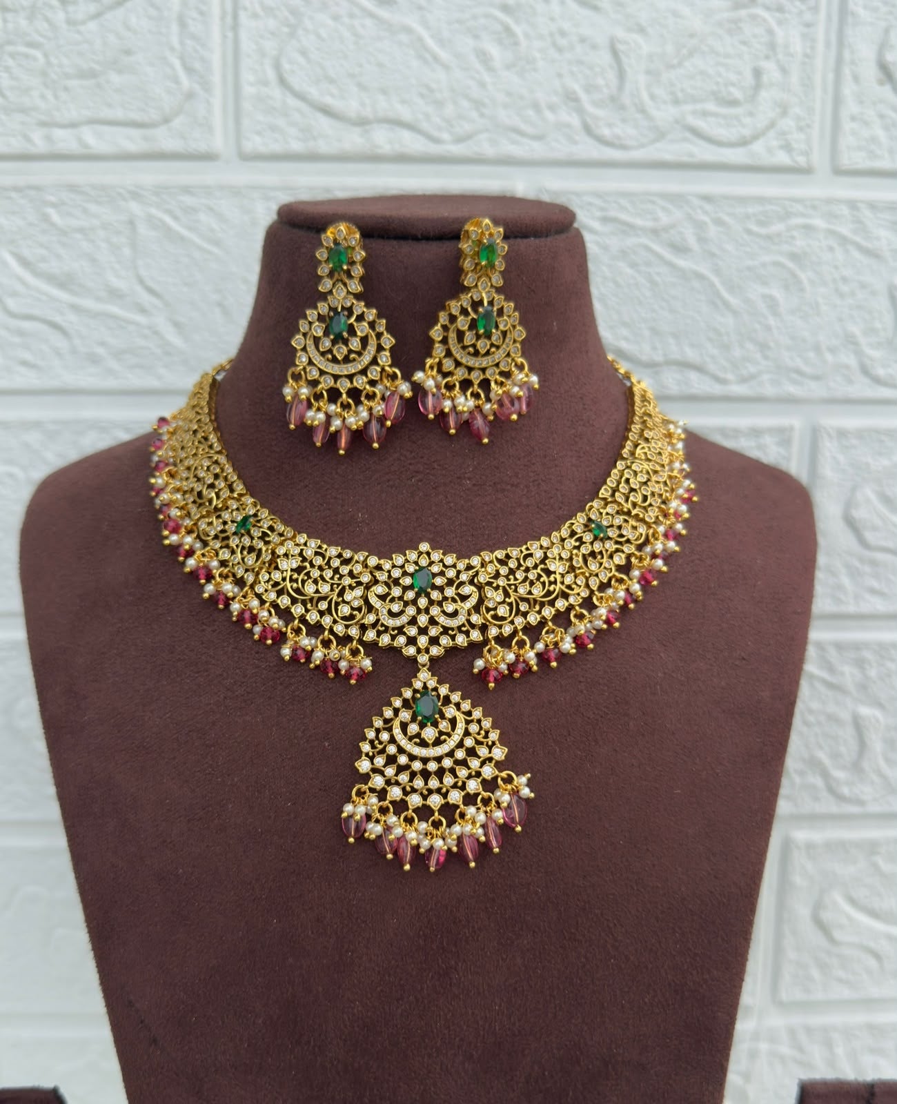 Gold look alike full of cz stone necklace with earrings