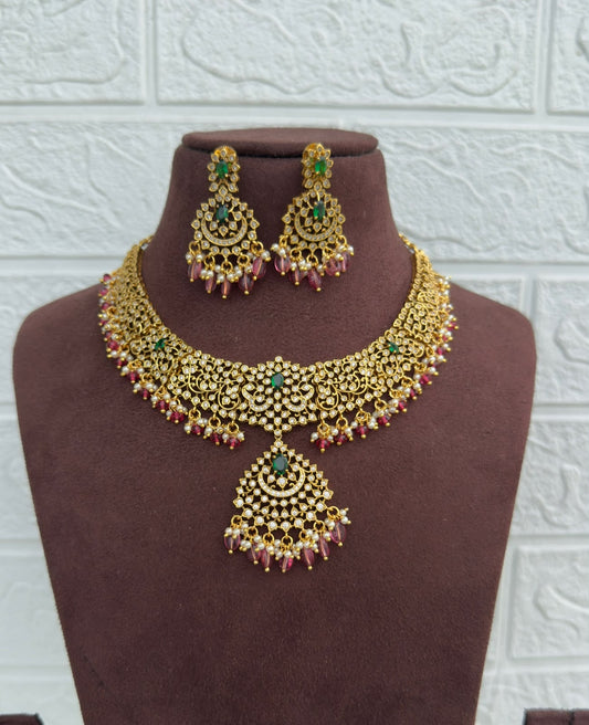 Gold look alike full of cz stone necklace with earrings