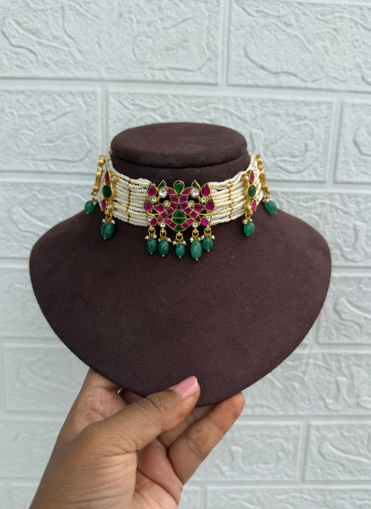 Full of pearls dual peacock real kundan choker design2