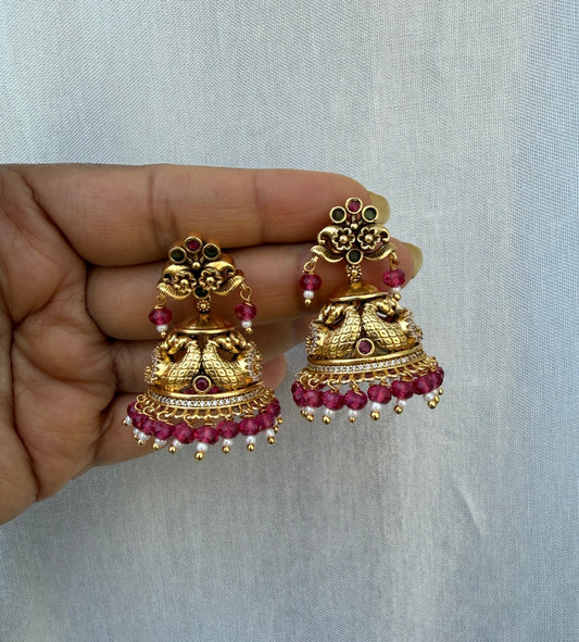 Gold look alike peacock engraved antique cute jhumkas