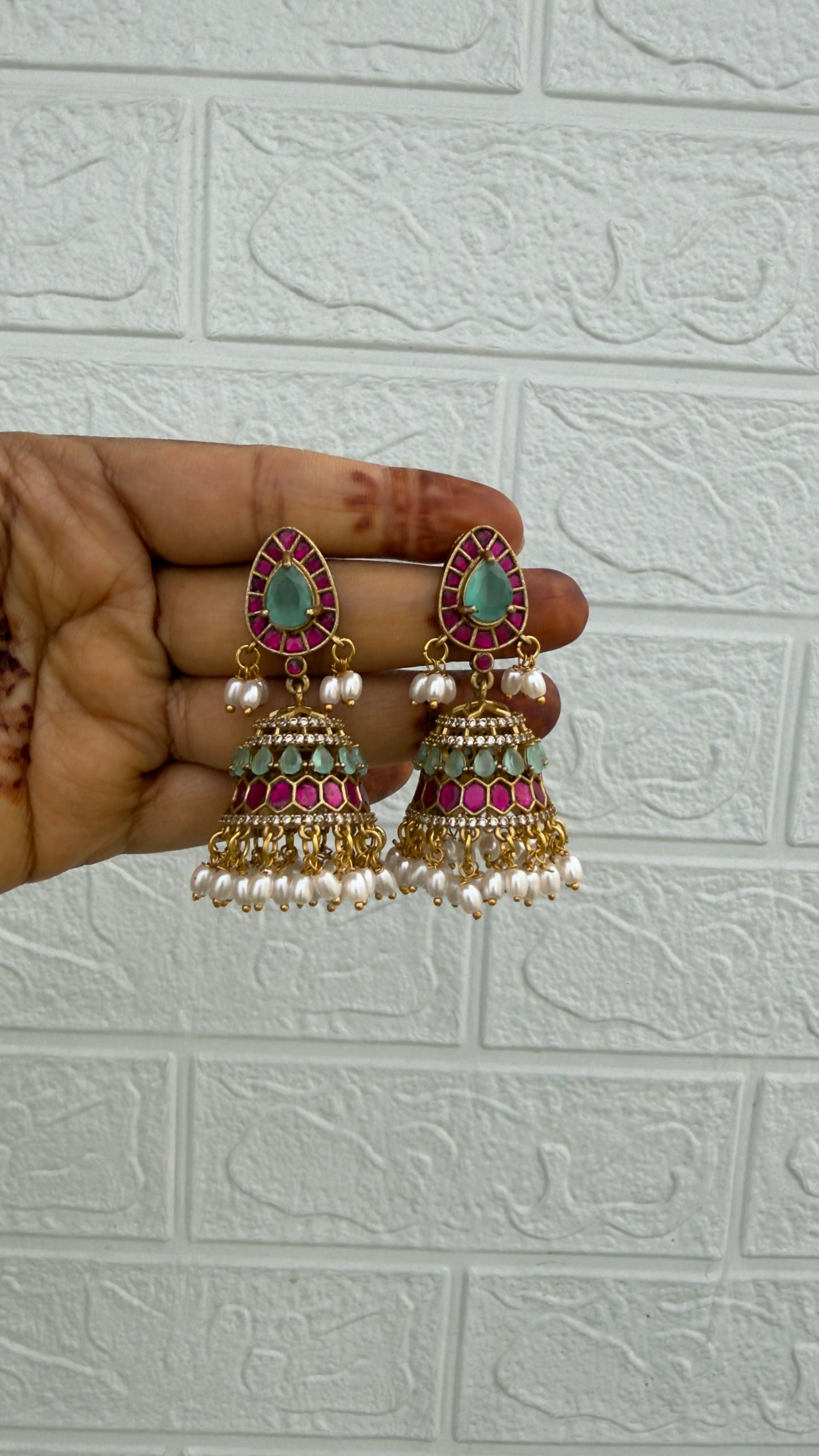 Traditional mint green ruby pearl jhumkas