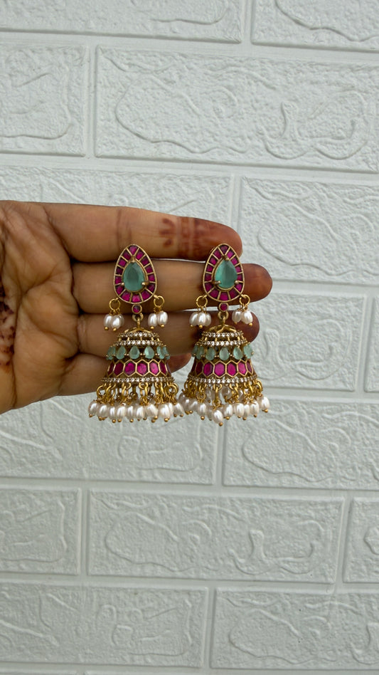 Traditional mint green ruby pearl jhumkas