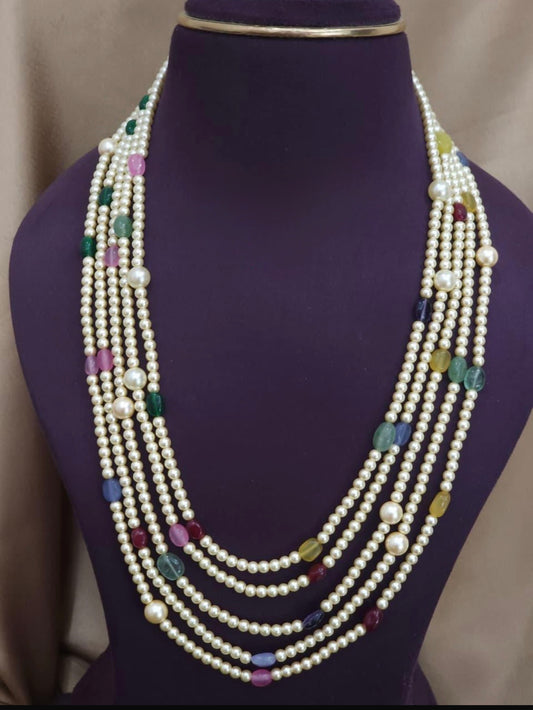 White pearl multi beads mala