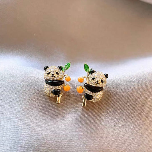 sterling silver rhinestone peach panda earrings