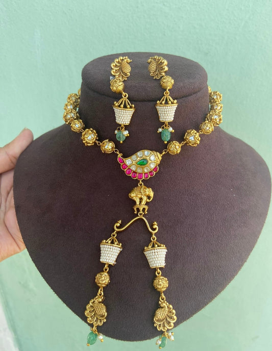 Designer mango real kundan hanging style elephant ball necklace with hangings