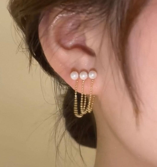 Sterling silver stylish three pearl hanging earrings