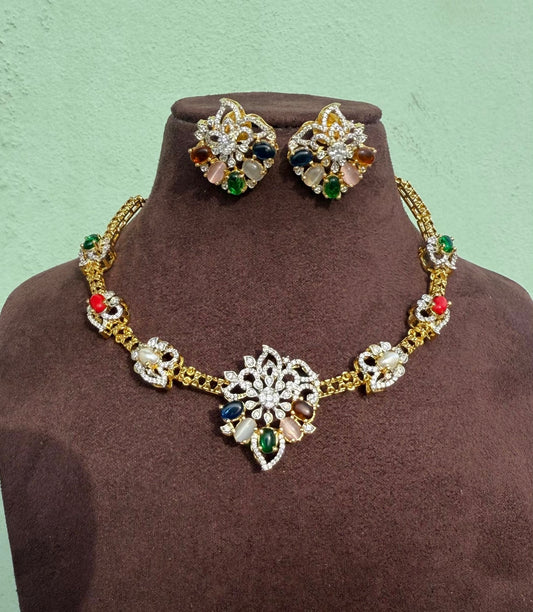 Diamond finish flower embossed navaratan necklace with heavy studs