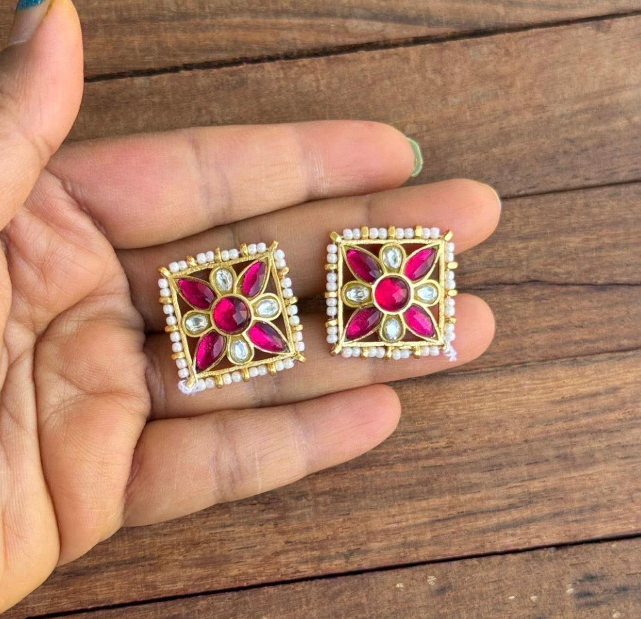 Square real kundan ruby studs 5