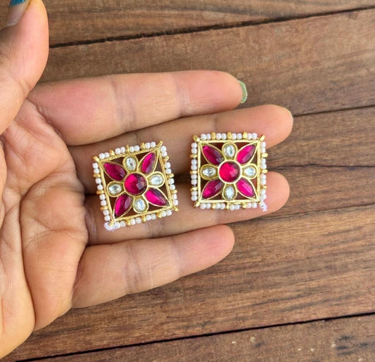 Square real kundan ruby studs 5