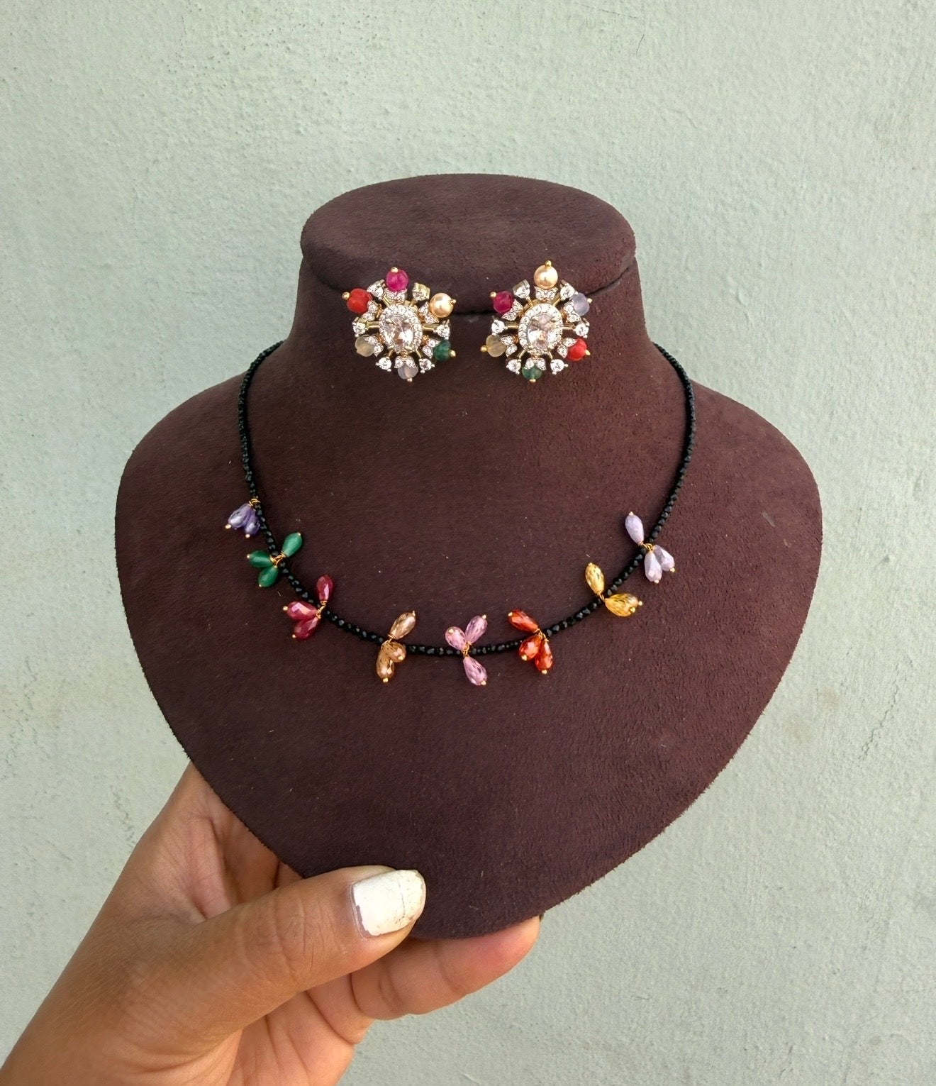 Multi coloured black beads necklace with studs