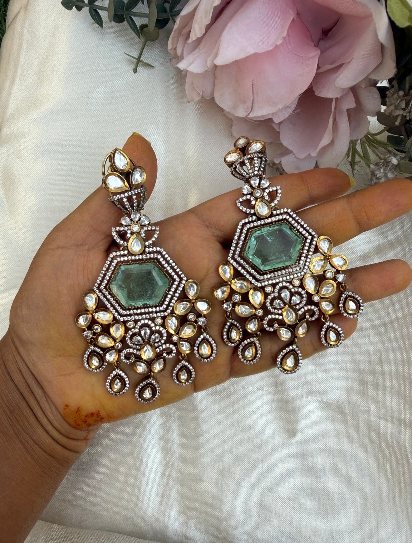 Glass kundan doublet hexagon partywear earrings