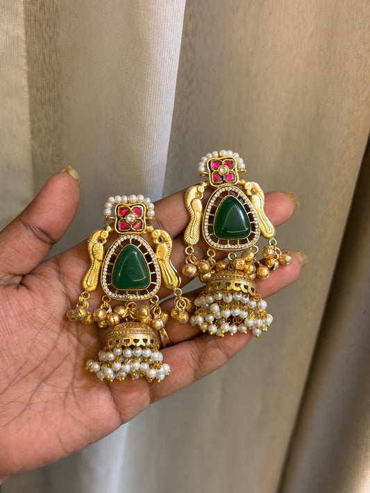 Statement real kundan peacock kashmiri ghungroo jhumkas