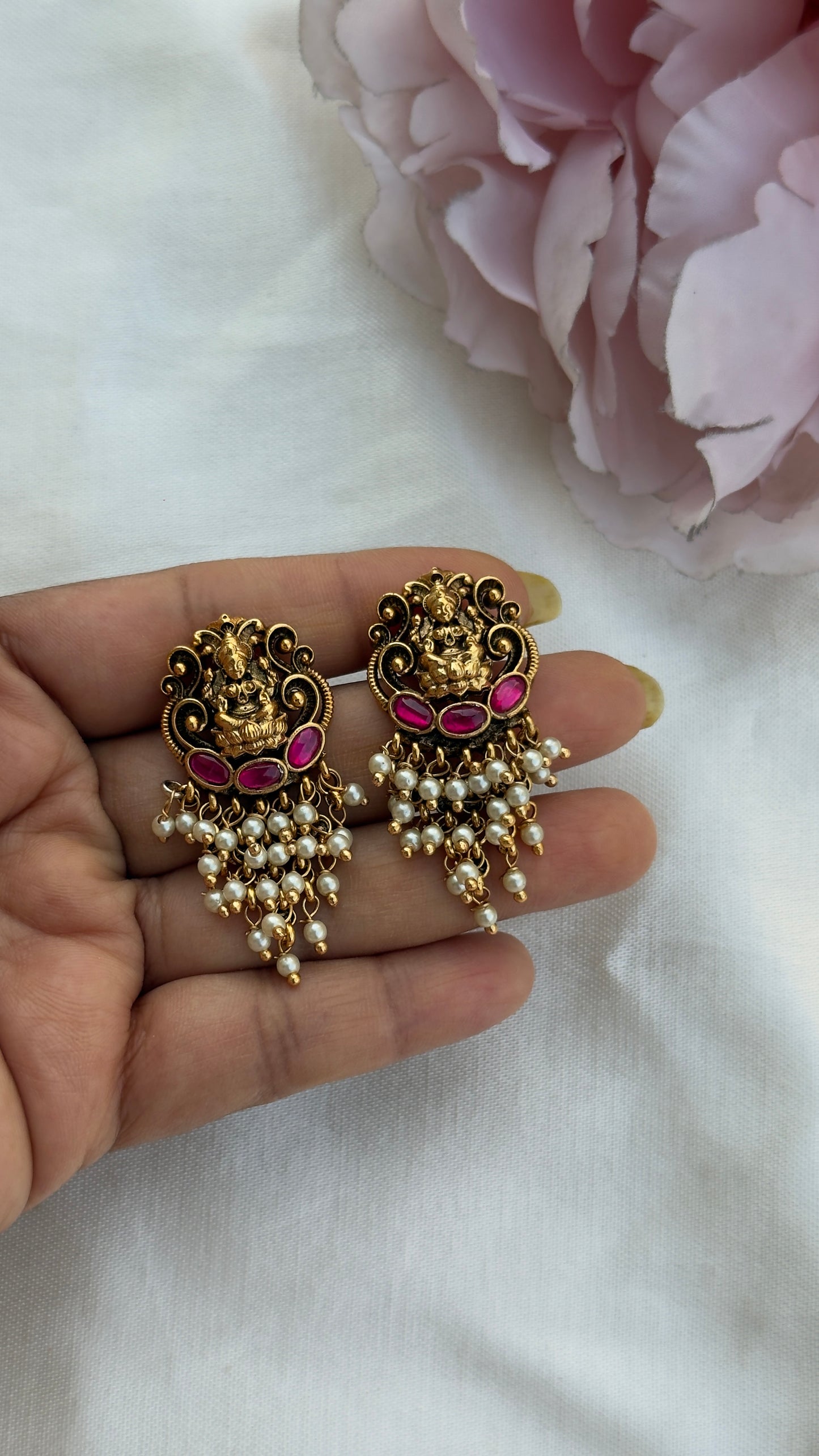 Lakshmi devi real kundan ruby pearl hanging earrings