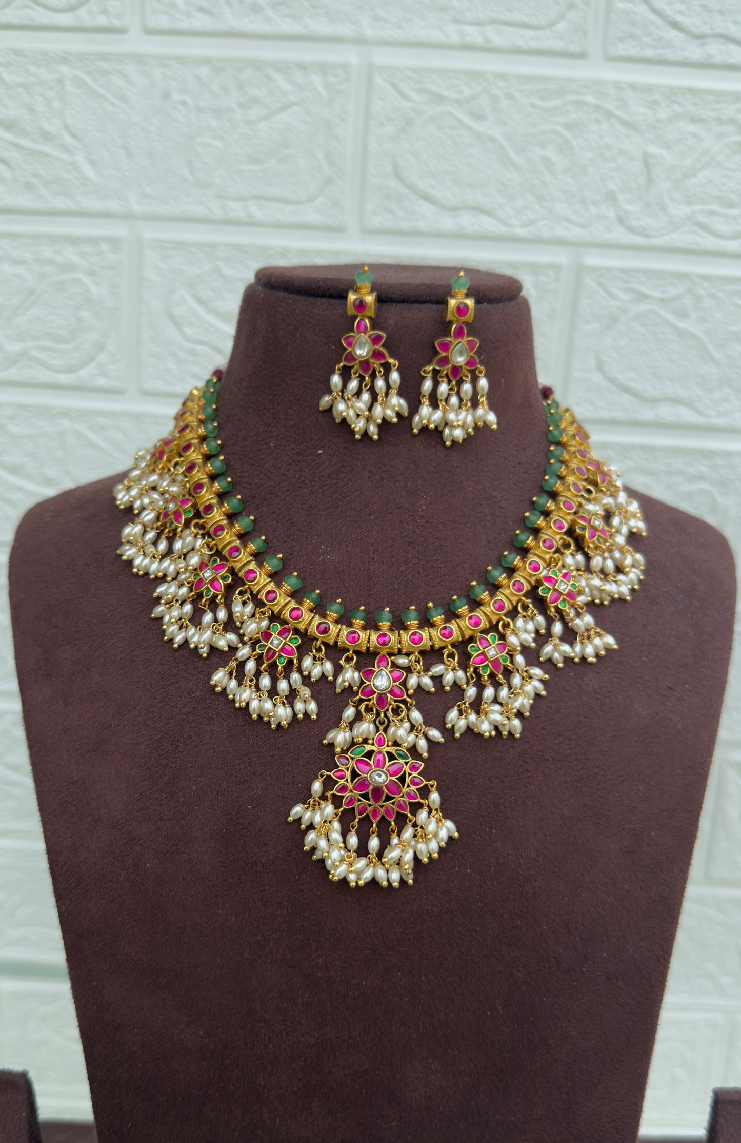 Traditional guttapusalu flower drop real kundan necklace