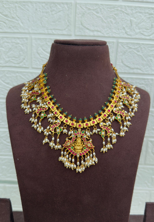Lakshmi devi peacock real kundan guttapusalu necklace