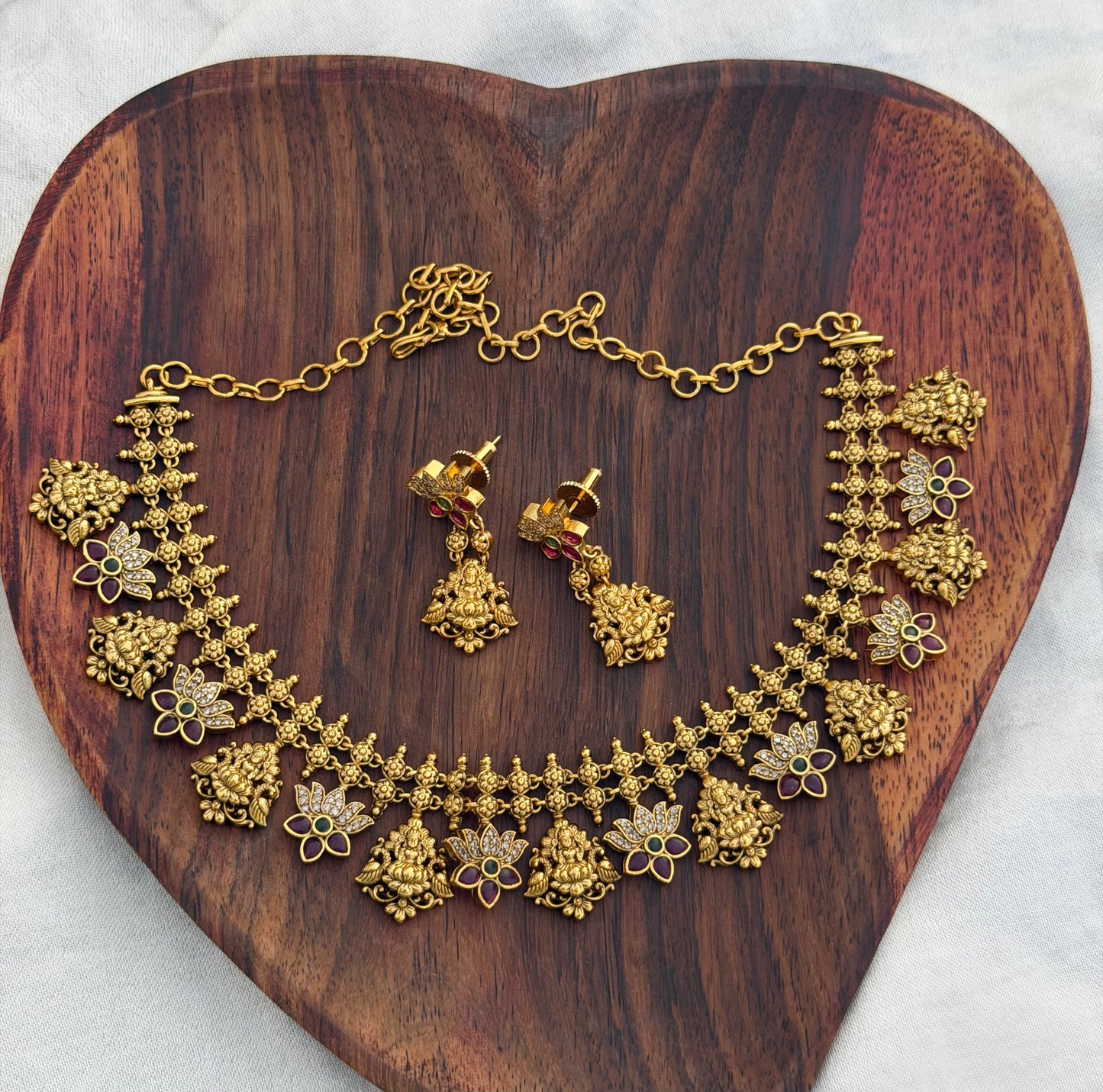 Lotus lakshmi alternate two layered antique necklace with earrings