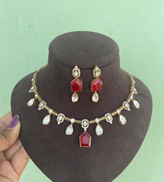 Single coloured stone moissanite indowestern necklace with earrings