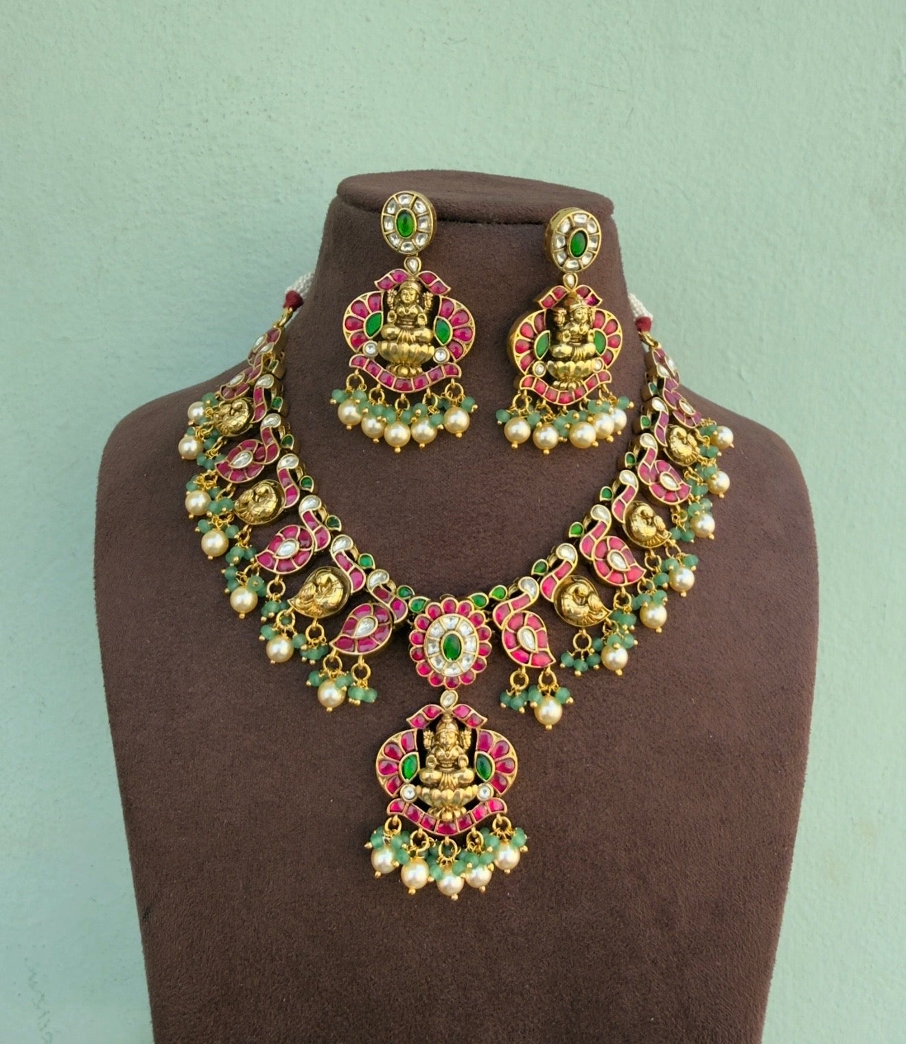 Lakshmi devi mango real kundan jadau necklace with earrings
