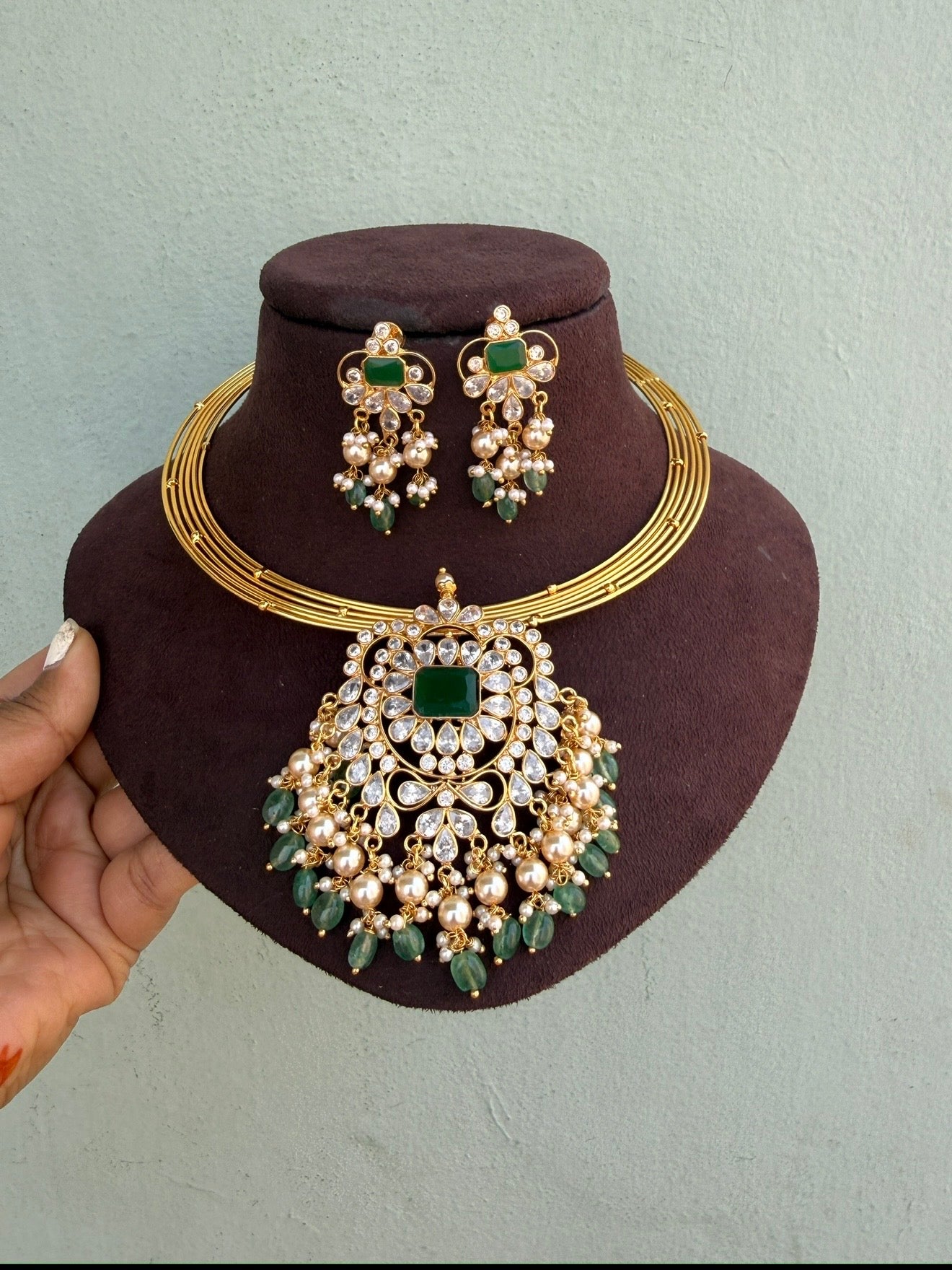Uncut diamond locket combo with earrings design6
