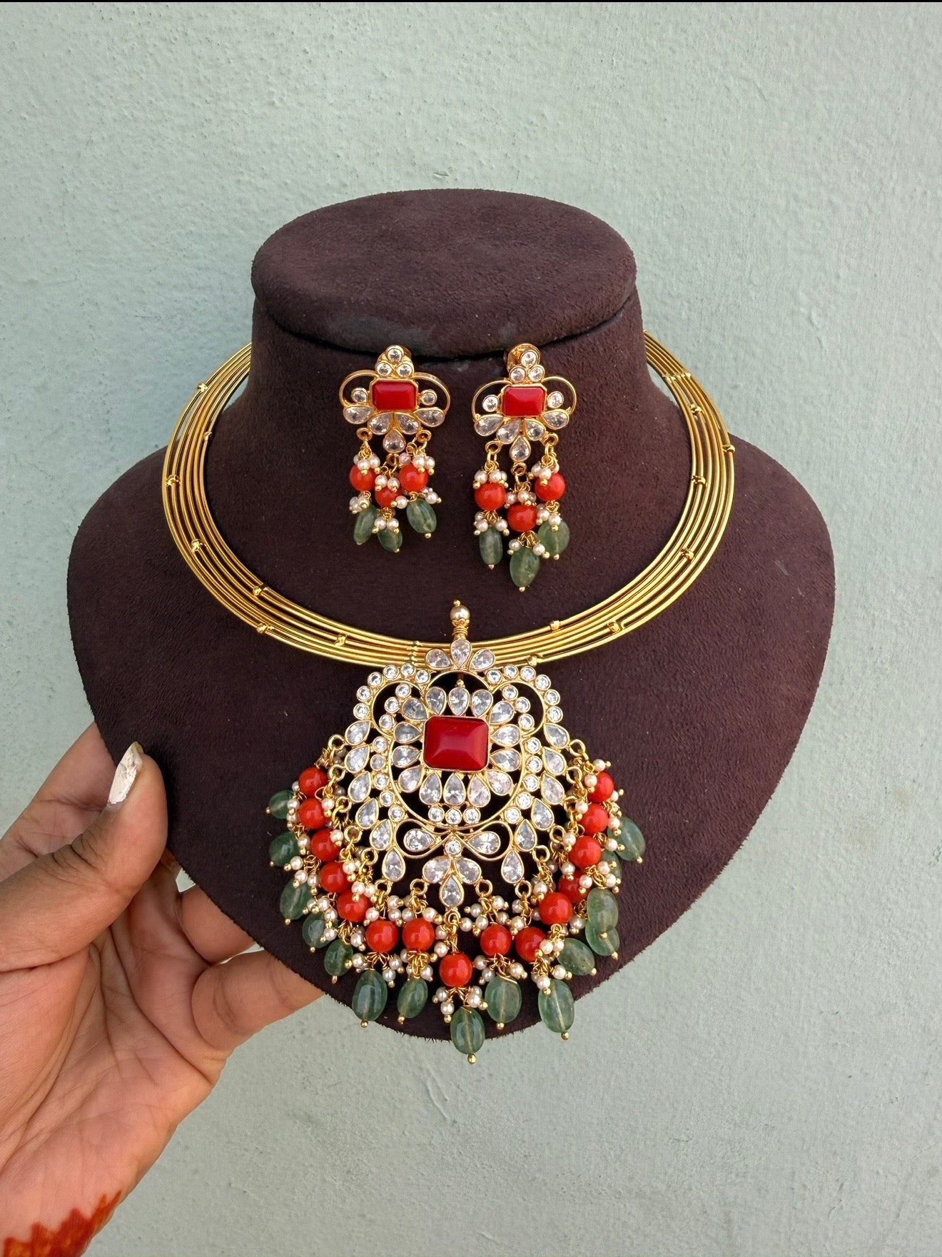 Uncut diamond locket combo with earrings design6