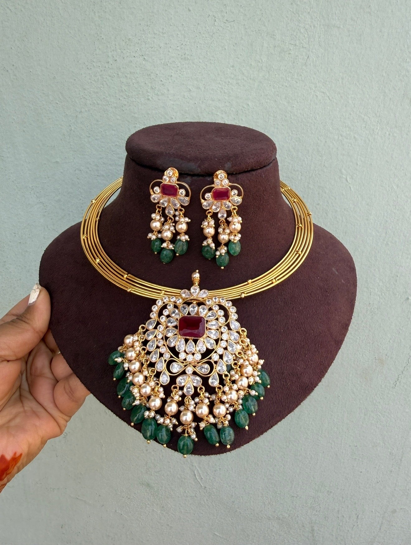 Uncut diamond locket combo with earrings design6