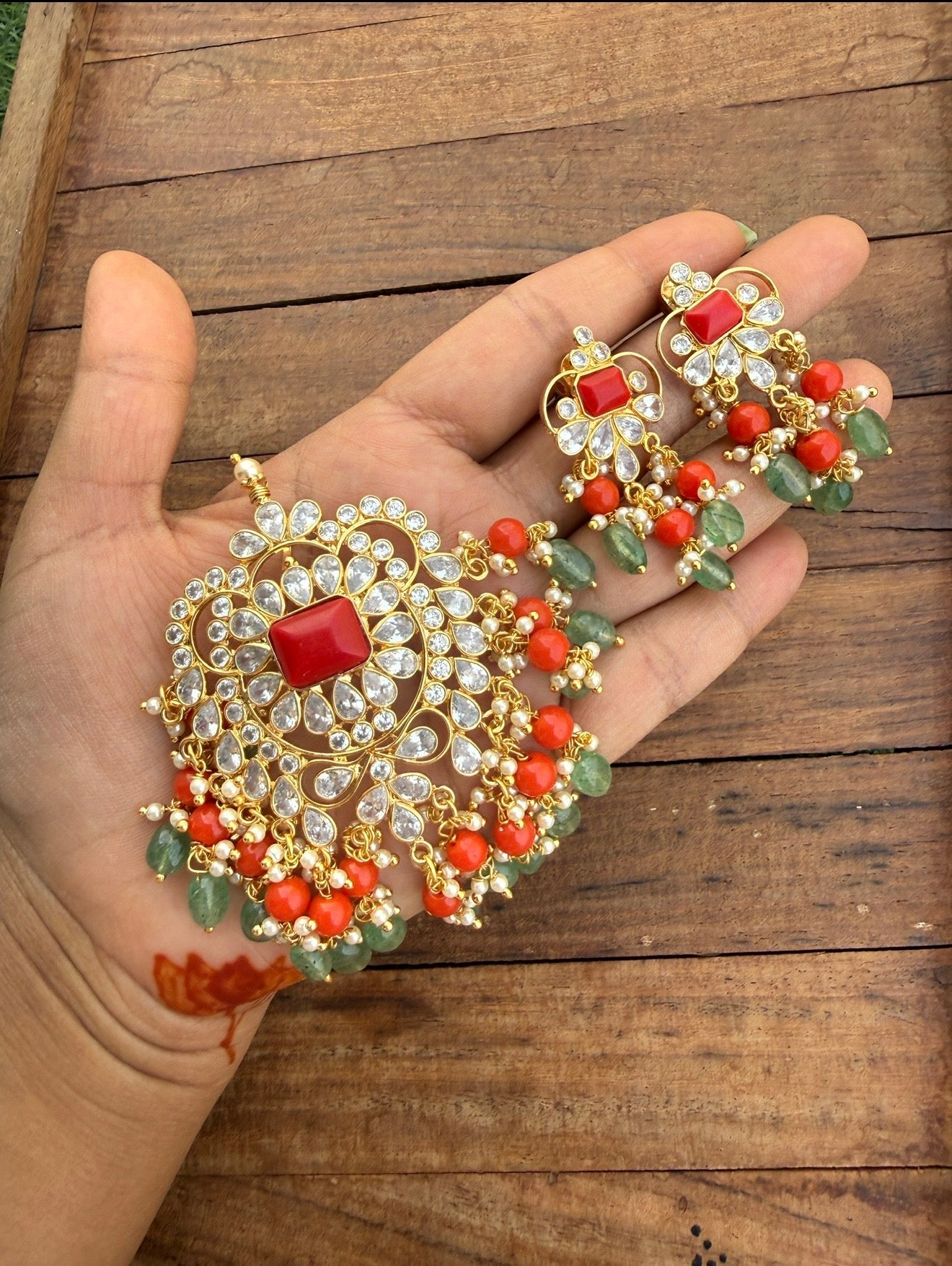 Uncut diamond locket combo with earrings design6