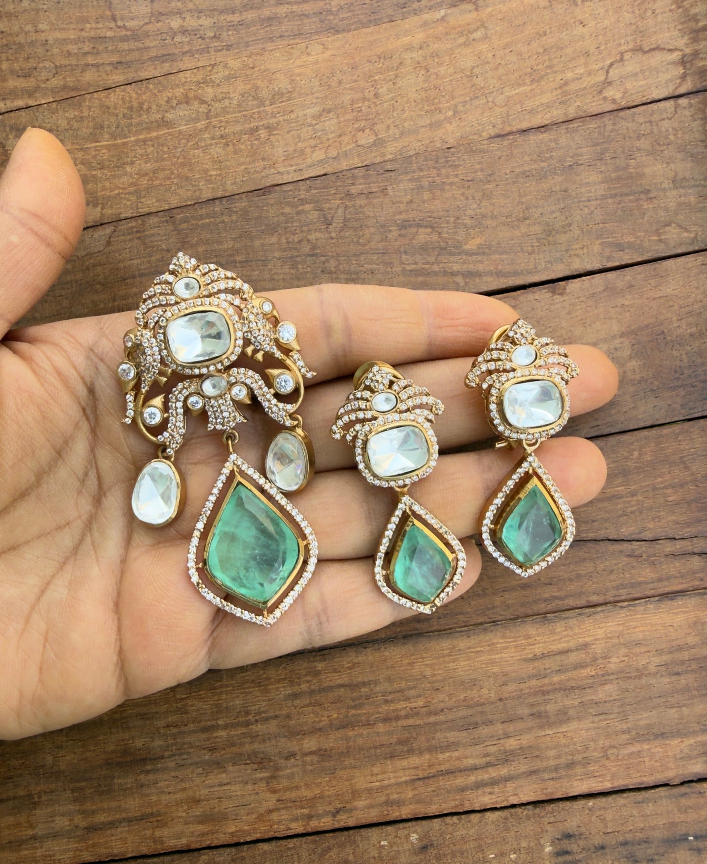 Dual peacock doublet stone locket with Earrings