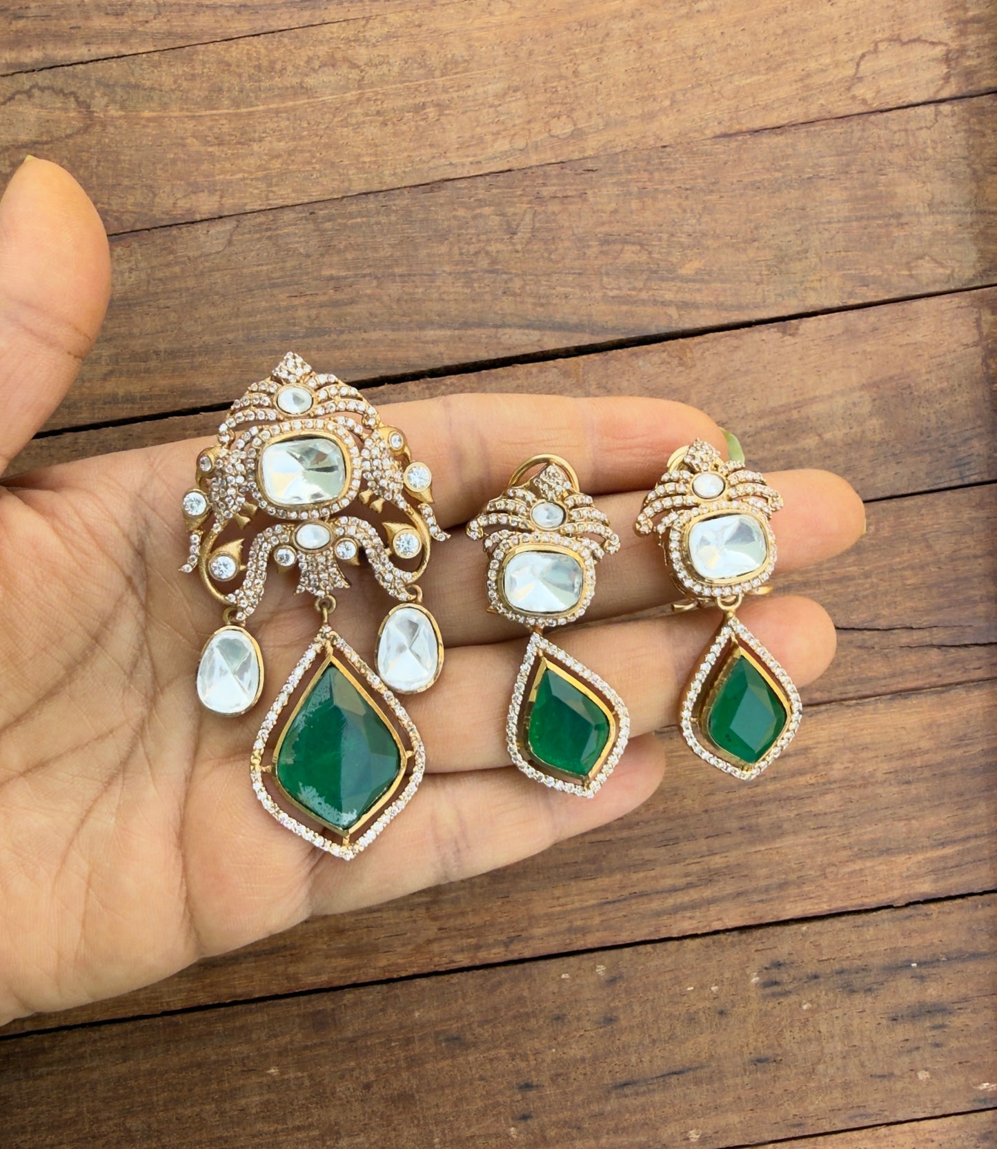 Dual peacock doublet stone locket with Earrings