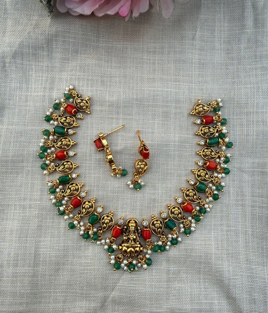 Lakshmi mango flower coral green necklace with earrings