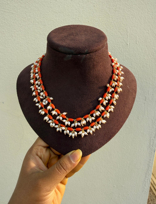 Two layered rice pearl coral beads maala